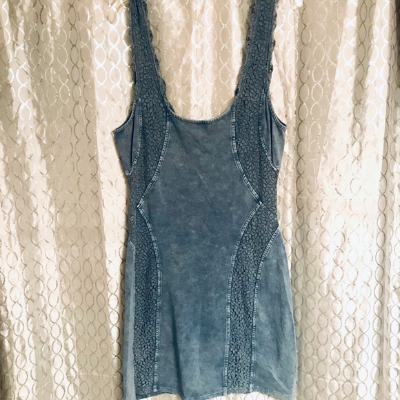 Free People BodyCon Tank Dress Blue/Grey w/ Lace Inlay Stone Wash Cotton/Spandex - Picture 5 of 14